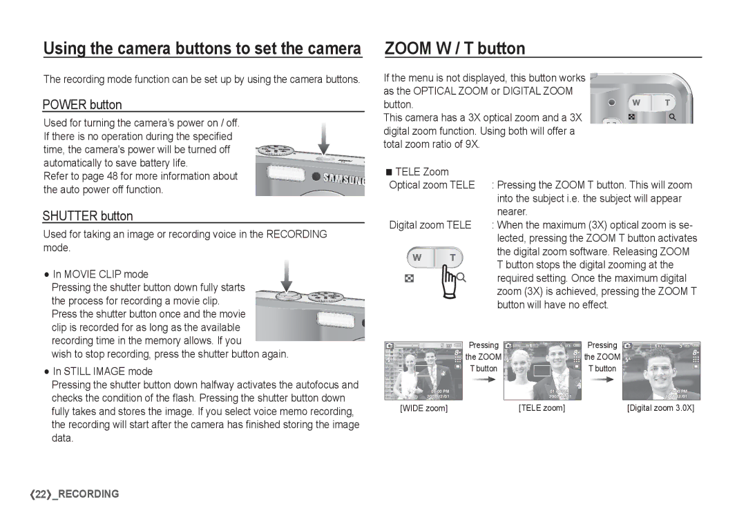 Samsung EC-S760ZBBA/FR, EC-S860ZSBA/FR manual Zoom W / T button, Power button, Shutter button, Nearer, Digital zoom Tele 