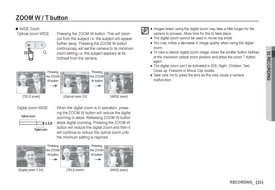 Samsung EC-S860ZUBA/FR, EC-S860ZSBA/FR, EC-S860U01KFR, EC-S760ZPDA/E3, EC-S860ZSDA/E3 manual Wide Zoom, Digital zoom Wide 