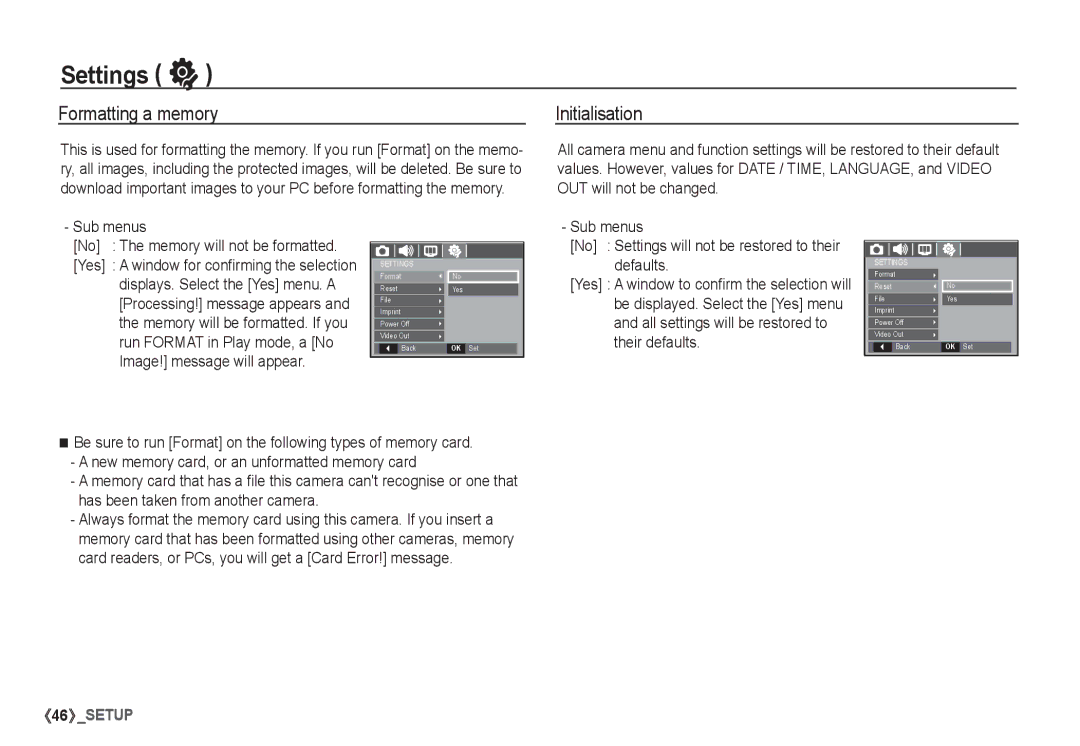 Samsung EC-D760ZSBD/E1, EC-S860ZSBA/FR Settings, Formatting a memory, Initialisation, No The memory will not be formatted 