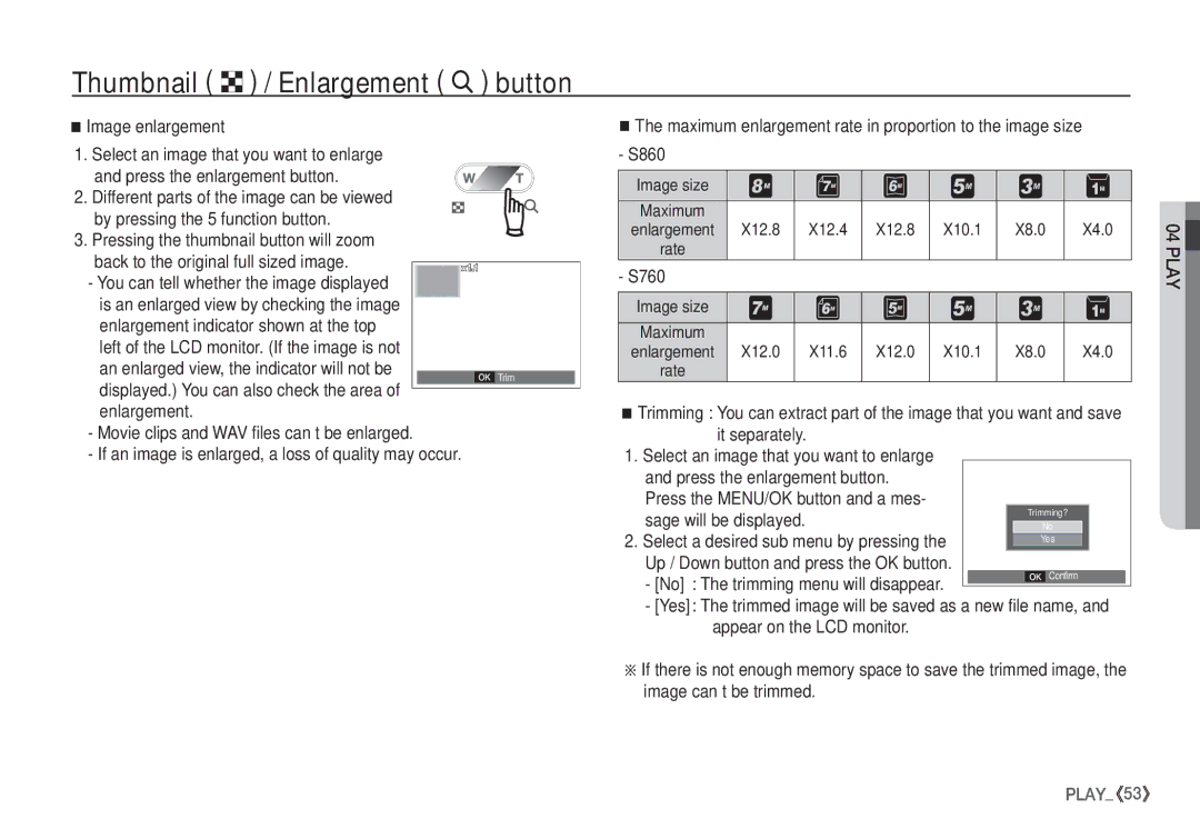 Samsung EC-S760ZPBB/E1, EC-S860ZSBA/FR manual Thumbnail º / Enlargement í button, Image enlargement, Sage will be displayed 