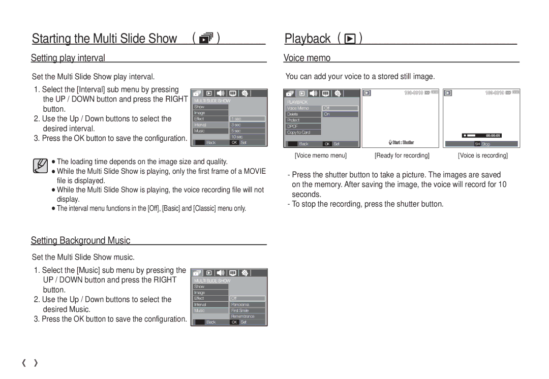 Samsung EC-S860ZBBA/AS, EC-S860ZSBA/FR, EC-S860ZUAA Playback ø, Setting play interval, Voice memo, Setting Background Music 