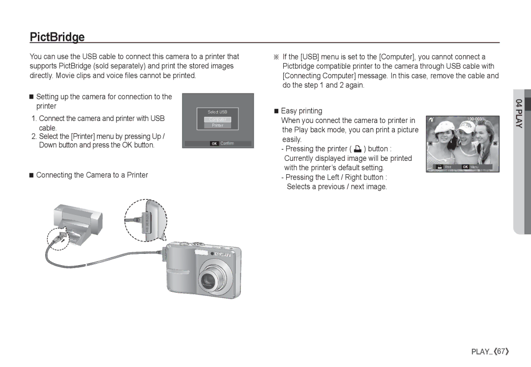 Samsung EC-S860ZSBA/AS, EC-S860ZSBA/FR, EC-S860U01KFR, EC-S760ZPDA/E3 manual PictBridge, Connecting the Camera to a Printer 