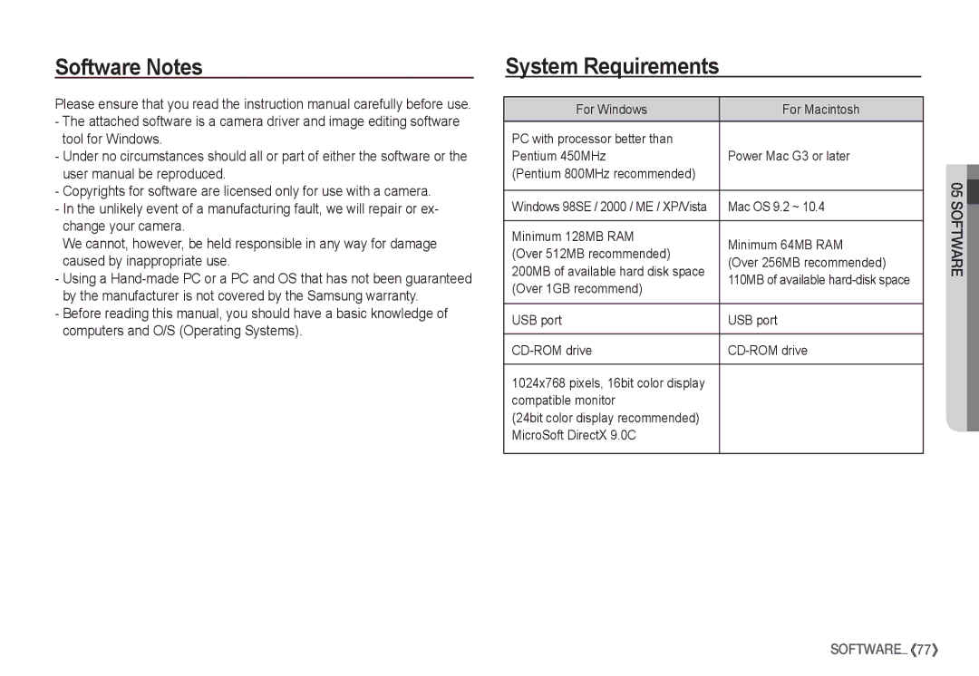 Samsung EC-S860ZPBA/GB, EC-S860ZSBA/FR, EC-S860U01KFR, EC-S760ZPDA/E3, EC-S860ZSDA/E3 Software Notes, System Requirements 