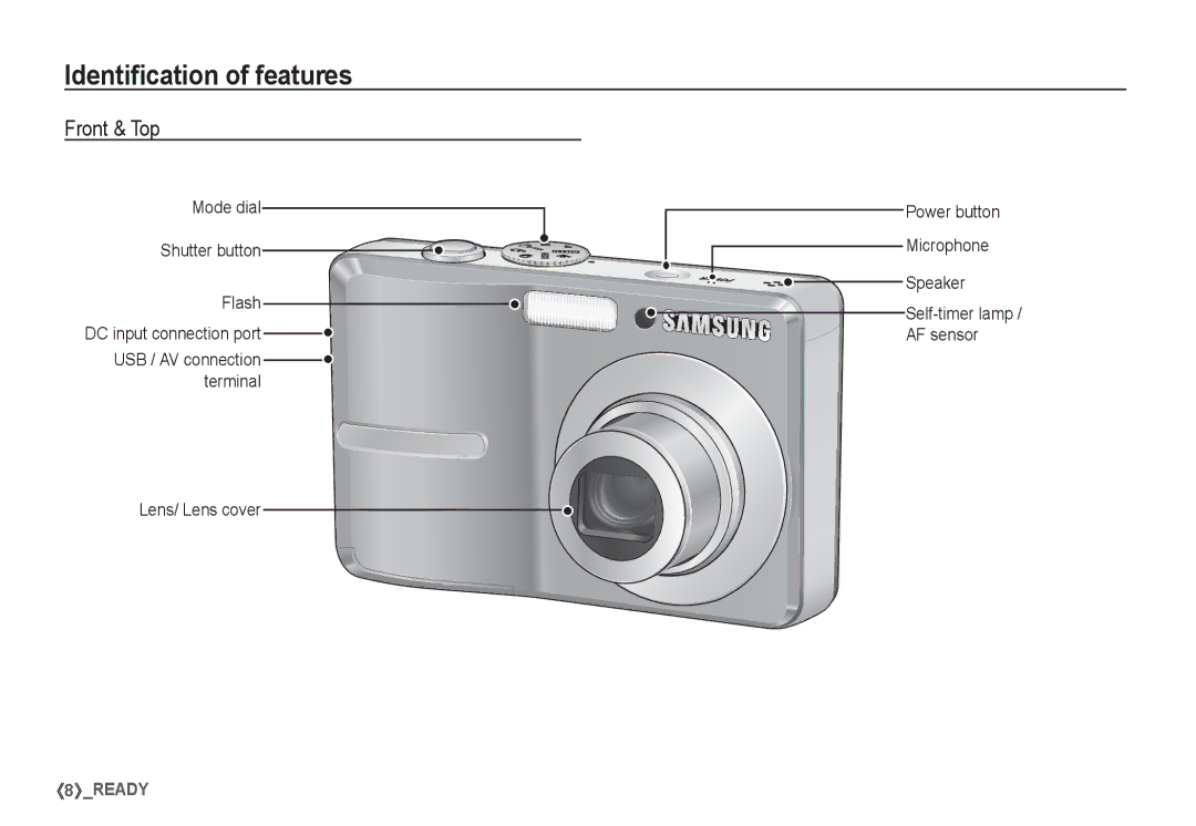 Samsung EC-D860ZSBC/FR Identiﬁcation of features, Front & Top, Mode dial Shutter button Flash DC input connection port 