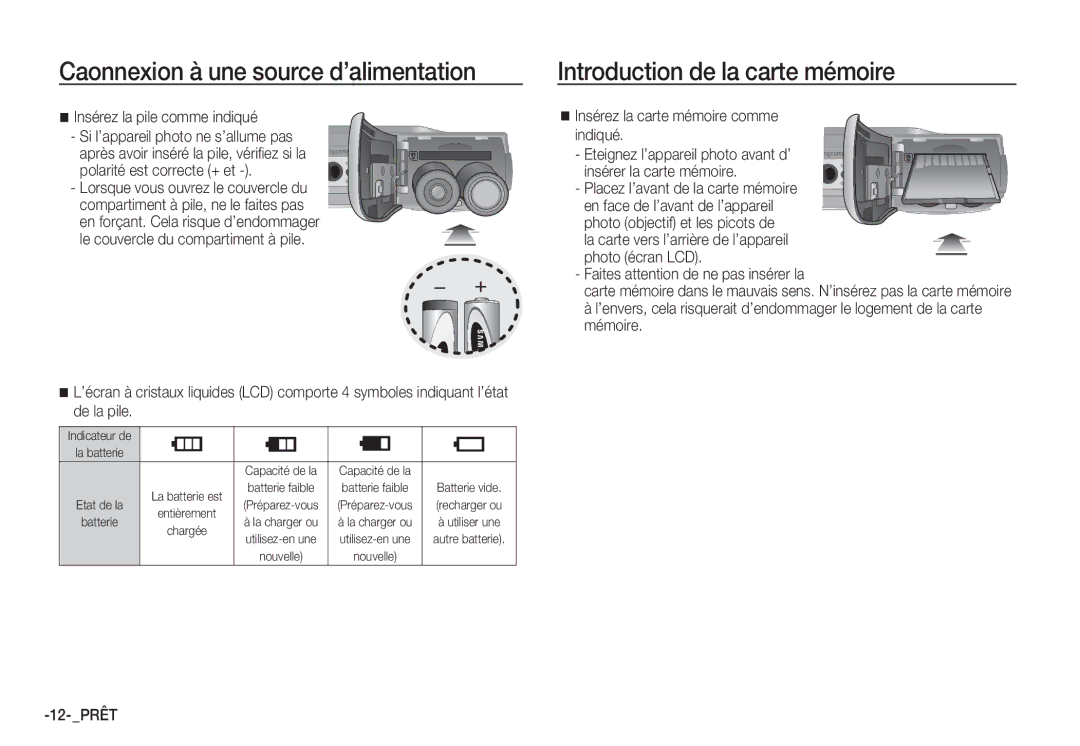 Samsung EC-S760ZSBA/GB, EC-S860ZSBA/FR manual Caonnexion à une source d’alimentation, Introduction de la carte mémoire 