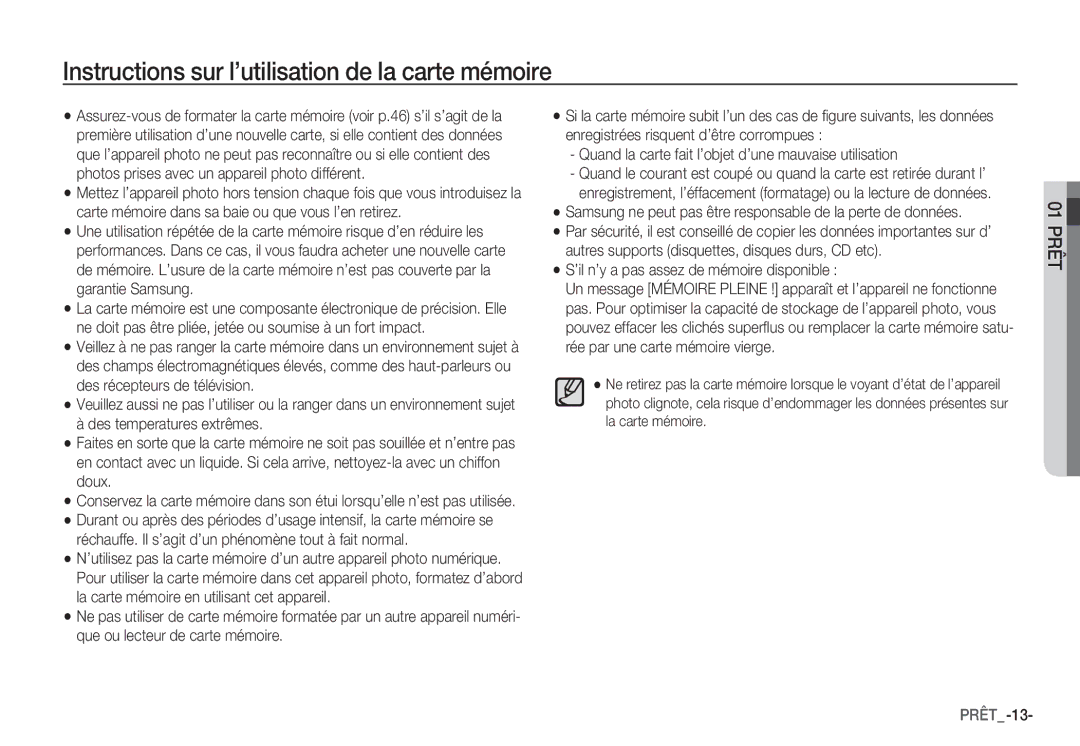 Samsung EC-S760ZSBA/E2 manual Instructions sur l’utilisation de la carte mémoire, ’il n’y a pas assez de mémoire disponible 