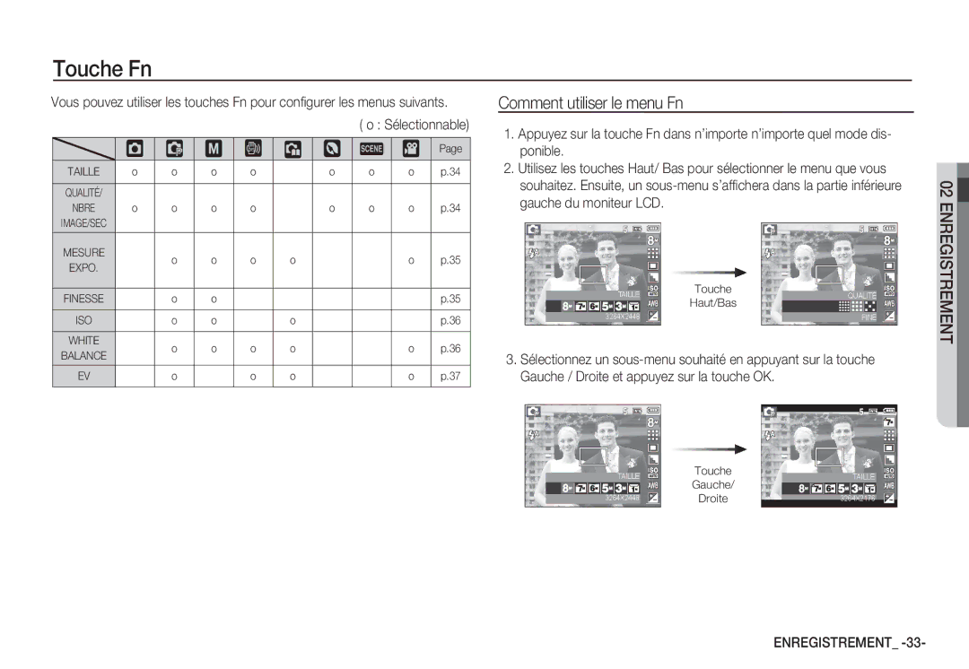 Samsung EC-S860U01KFR, EC-S860ZSBA/FR, EC-S760ZPDA/E3, EC-S860ZSDA/E3, EC-S860ZPDA/E3 Touche Fn, Comment utiliser le menu Fn 