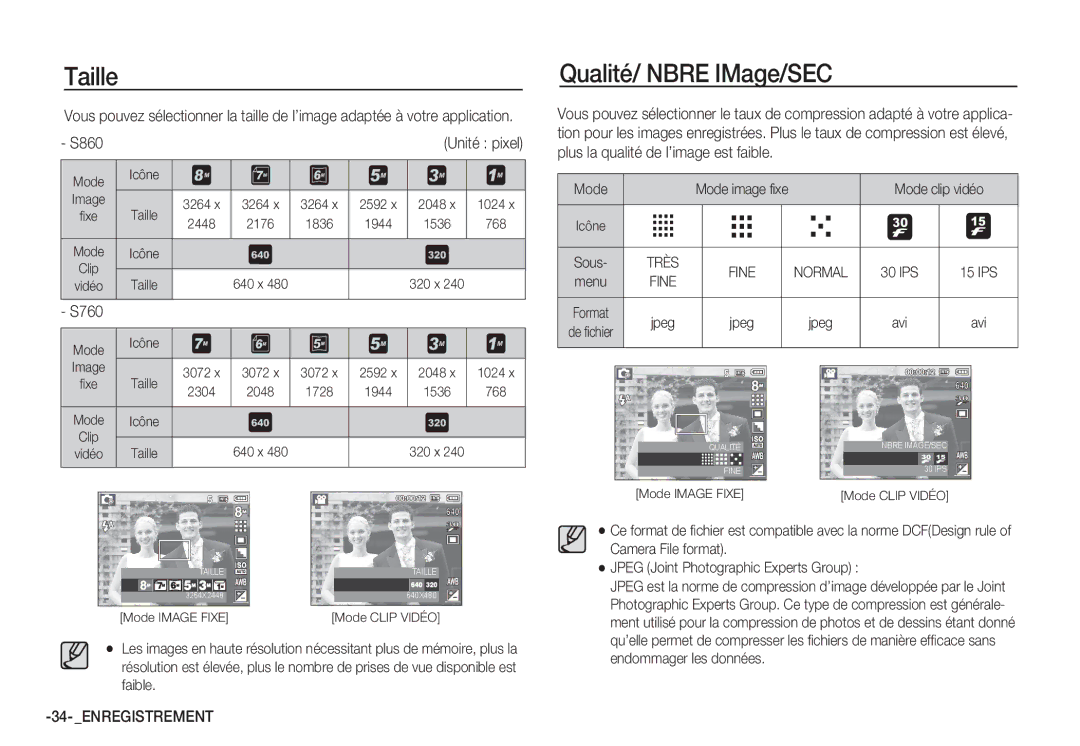 Samsung EC-S760ZPDA/E3, EC-S860ZSBA/FR, EC-S860U01KFR, EC-S860ZSDA/E3, EC-S860ZPDA/E3 manual Taille, Qualité/ Nbre IMage/SEC 