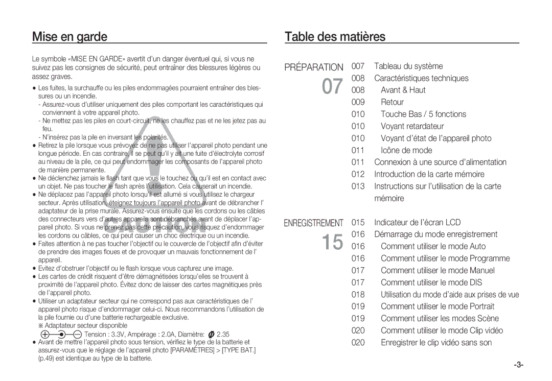 Samsung EC-S860ZPDA/E3, EC-S860ZSBA/FR manual Mise en garde, Table des matières, Instructions sur l’utilisation de la carte 