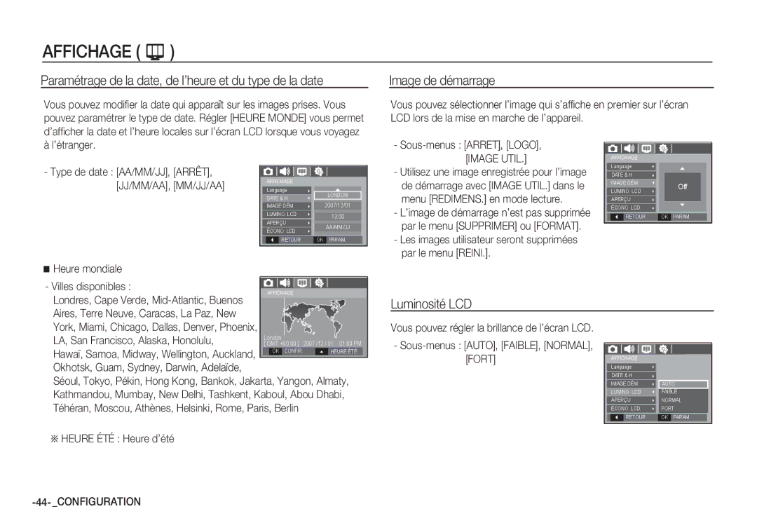 Samsung EC-S760ZUDA/E3 manual Paramétrage de la date, de l’heure et du type de la date, Image de démarrage, Luminosité LCD 