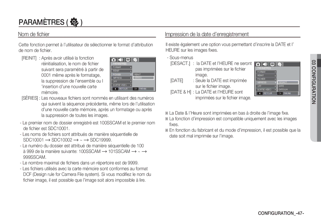 Samsung EC-S760ZPBA/FR Nom de ﬁchier, Impression de la date d’enregistrement, ’insertion d’une nouvelle carte, Mémoire 