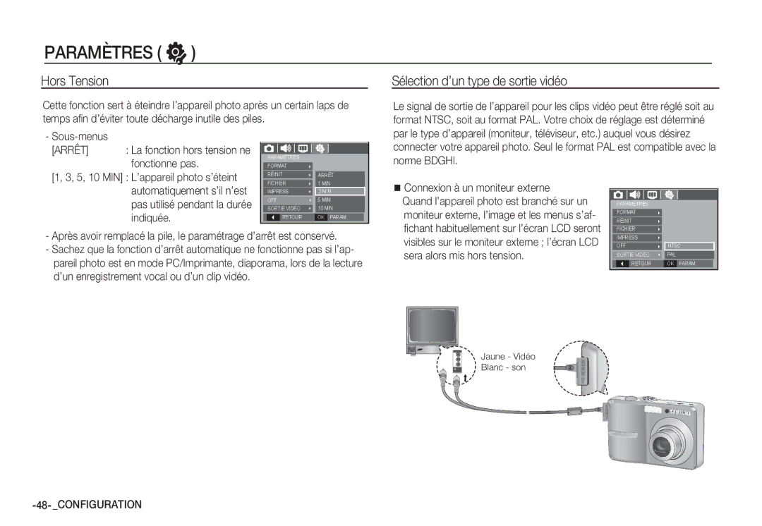 Samsung EC-S760ZBDA/E3, EC-S860ZSBA/FR Hors Tension, Sélection d’un type de sortie vidéo, Connexion à un moniteur externe 