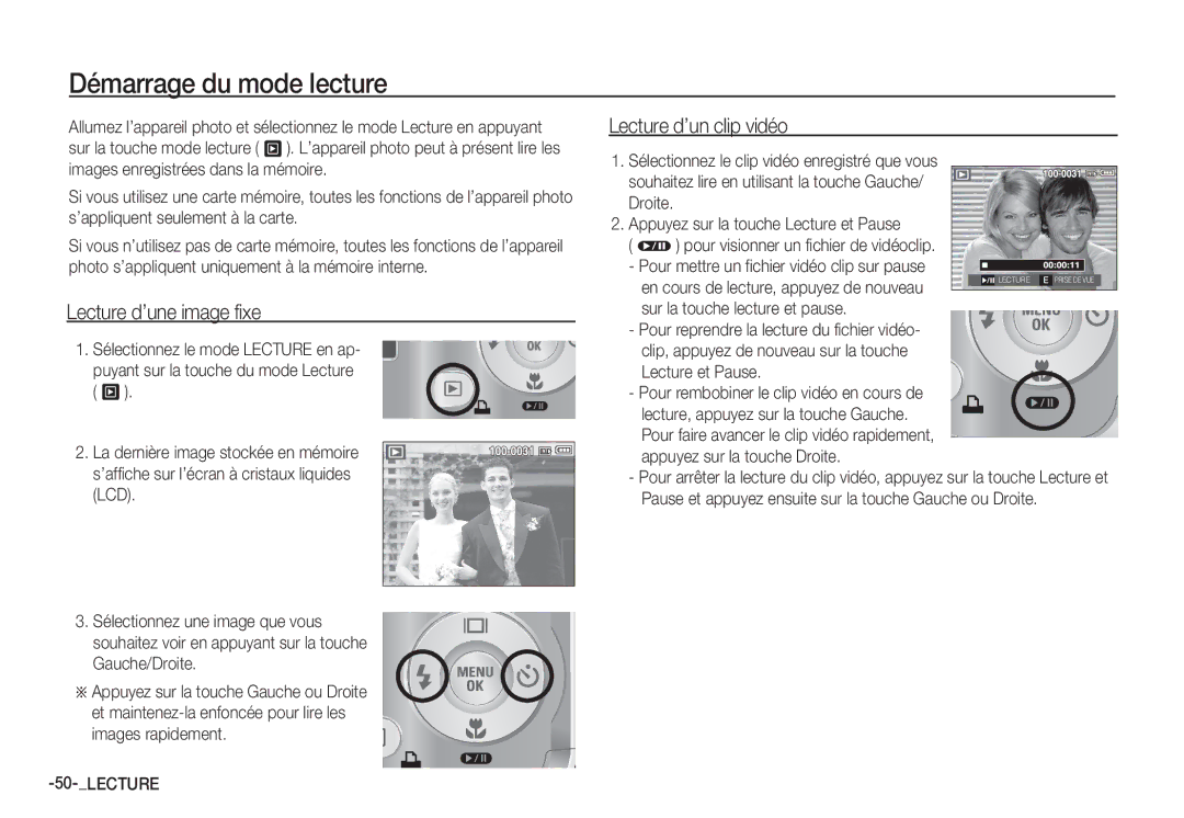 Samsung EC-S860ZSBA/E2 Démarrage du mode lecture, Lecture d’une image fixe, Lecture d’un clip vidéo, Lecture et Pause 