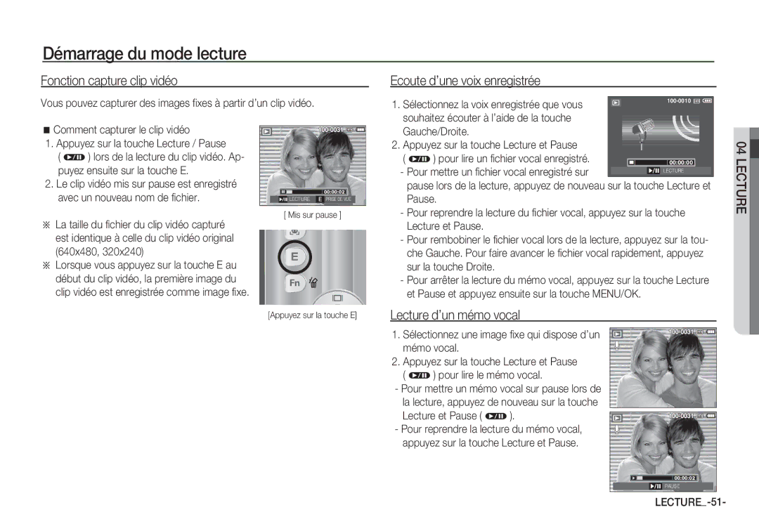 Samsung EC-S860ZPBA/FR, EC-S860ZSBA/FR Fonction capture clip vidéo, Ecoute d’une voix enregistrée, Lecture d’un mémo vocal 