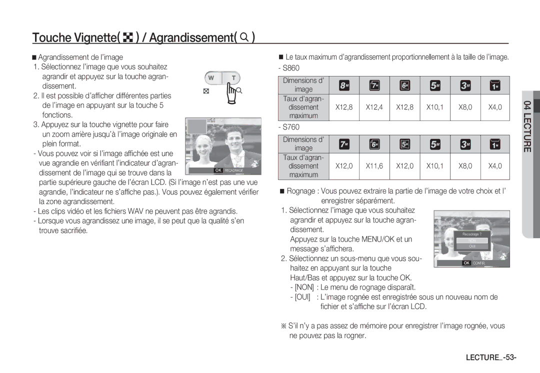 Samsung EC-S760ZSDA/E3, EC-S860ZSBA/FR, EC-S860U01KFR manual Touche Vignette º / Agrandissement í, Taux d’agran, X4,0 