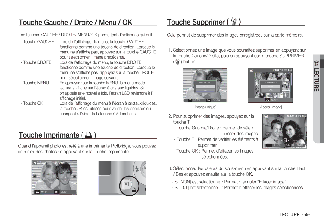 Samsung EC-S760ZBBA/FR, EC-S860ZSBA/FR manual Touche Gauche / Droite / Menu / OK, Touche Supprimer Õ, Touche Imprimante » 