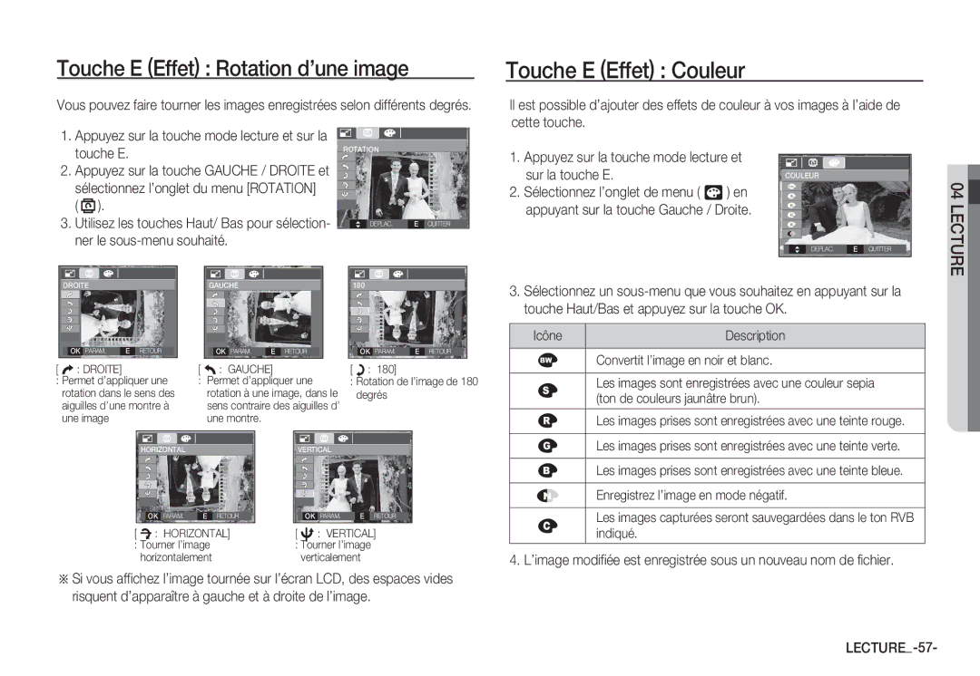 Samsung EC-S860ZBBA/FR, EC-S860ZSBA/FR manual Touche E Effet Couleur, Sur la touche E, Appuyez sur la touche mode lecture et 