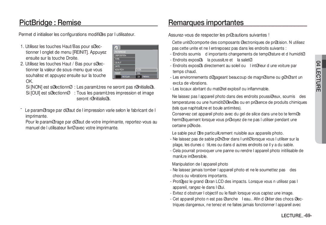 Samsung EC-S860ZPDA/E3 manual PictBridge Remise, Remarques importantes, Assurez-vous de respecter les précautions suivantes 