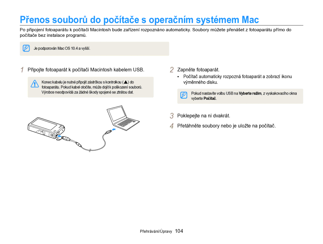 Samsung EC-SH100ZBPBE3, EC-SH100ZBPBE1, EC-SH100ZBPRE3, EC-SH100ZBPSE3 Přenos souborů do počítače s operačním systémem Mac 