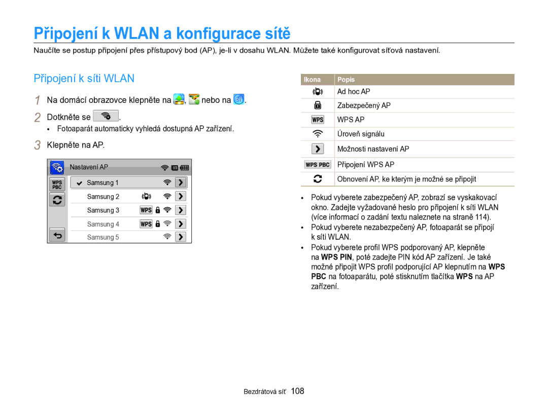 Samsung EC-SH100ZBPBE3, EC-SH100ZBPBE1 manual Připojení k Wlan a konﬁgurace sítě, Připojení k síti Wlan, Klepněte na AP 