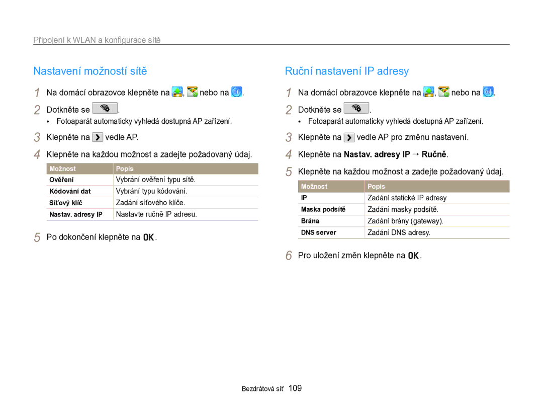 Samsung EC-SH100ZBPRE3 manual Nastavení možností sítě, Ruční nastavení IP adresy, Připojení k Wlan a konﬁgurace sítě 