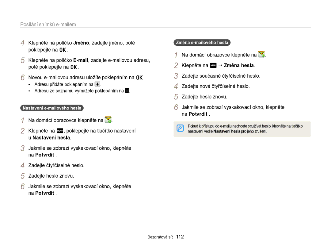 Samsung EC-SH100ZBPBE3, EC-SH100ZBPBE1, EC-SH100ZBPRE3 manual Posílání snímků e-mailem, Nastavení hesla, Na Potvrdit 