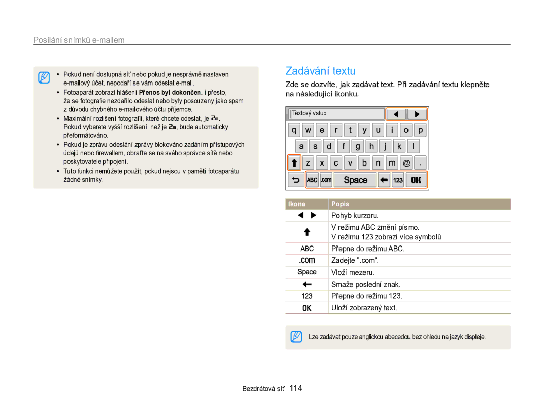 Samsung EC-SH100ZBPSE3, EC-SH100ZBPBE1, EC-SH100ZBPBE3, EC-SH100ZBPRE3 manual Zadávání textu, Na následující ikonku 