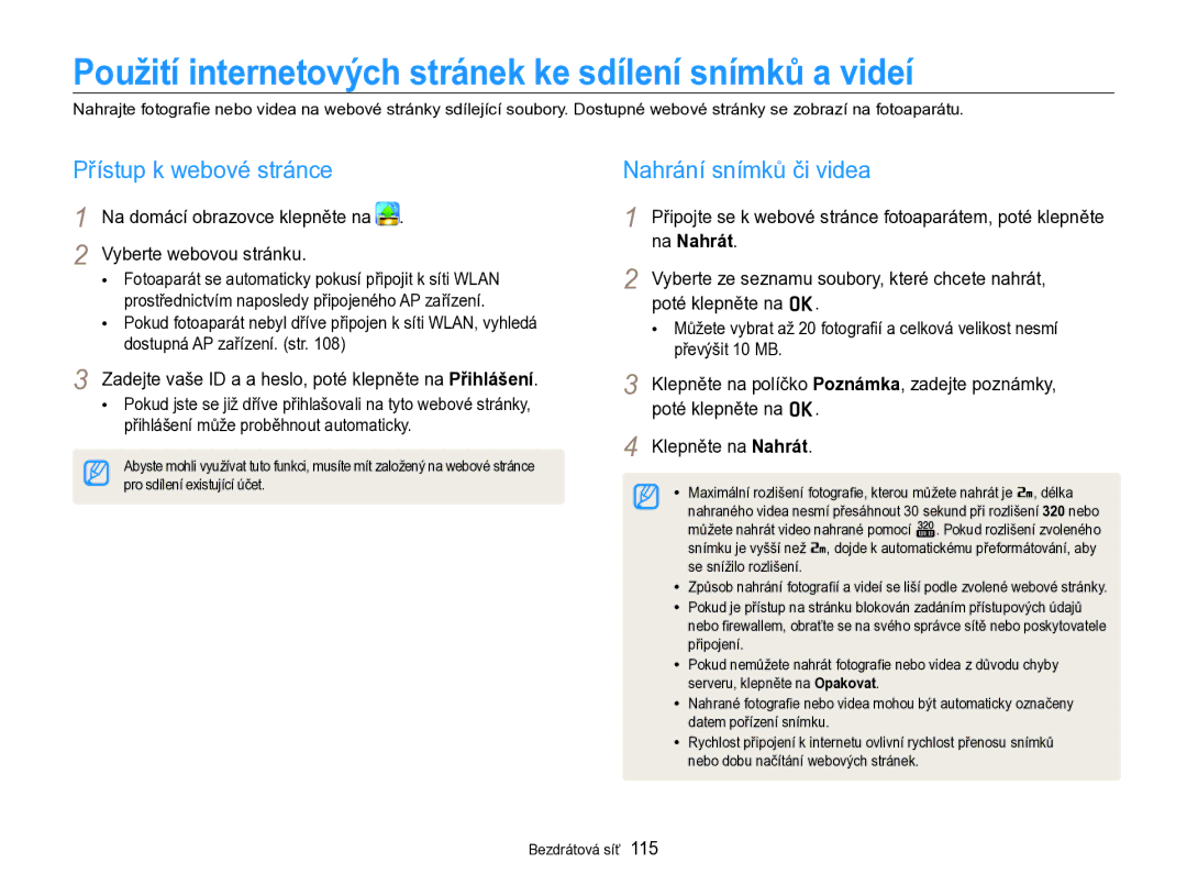 Samsung EC-SH100ZBPBE1, EC-SH100ZBPBE3 Použití internetových stránek ke sdílení snímků a videí, Přístup k webové stránce 