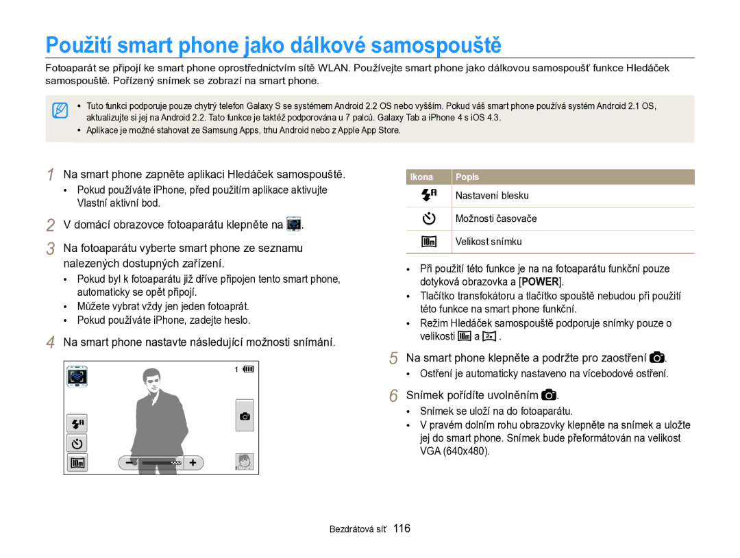 Samsung EC-SH100ZBPBE3, EC-SH100ZBPBE1, EC-SH100ZBPRE3, EC-SH100ZBPSE3 manual Použití smart phone jako dálkové samospouště 