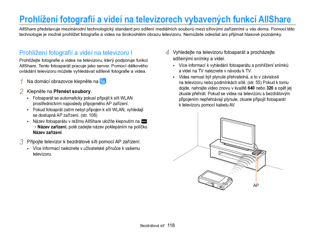 Samsung EC-SH100ZBPSE3, EC-SH100ZBPBE1 manual Prohlížení fotograﬁí a videí na televizoru, Klepněte na Přenést soubory 