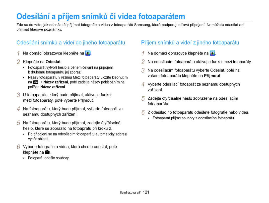 Samsung EC-SH100ZBPRE3 Odesílání a příjem snímků či videa fotoaparátem, Odesílání snímků a videí do jiného fotoaparátu 