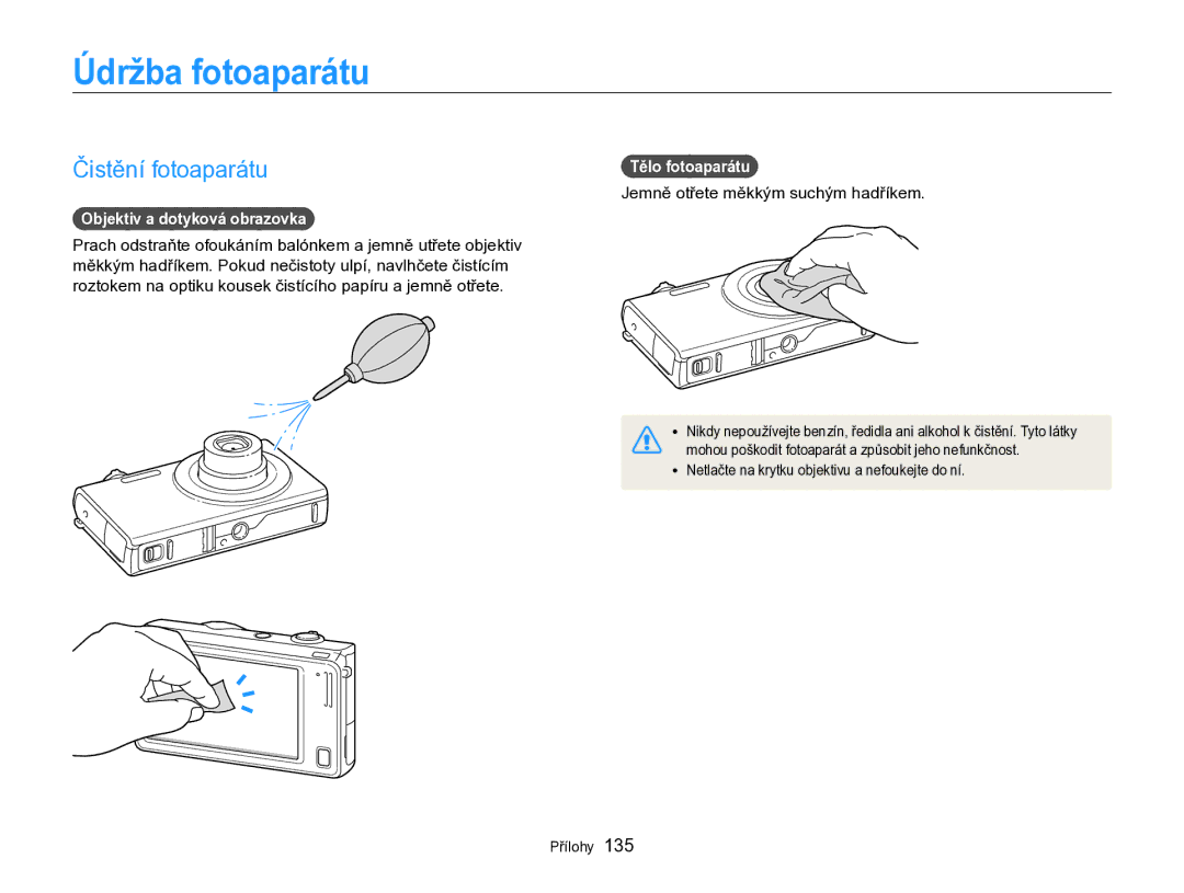 Samsung EC-SH100ZBPBE1 manual Údržba fotoaparátu, Čistění fotoaparátu, Objektiv a dotyková obrazovka, Tělo fotoaparátu 