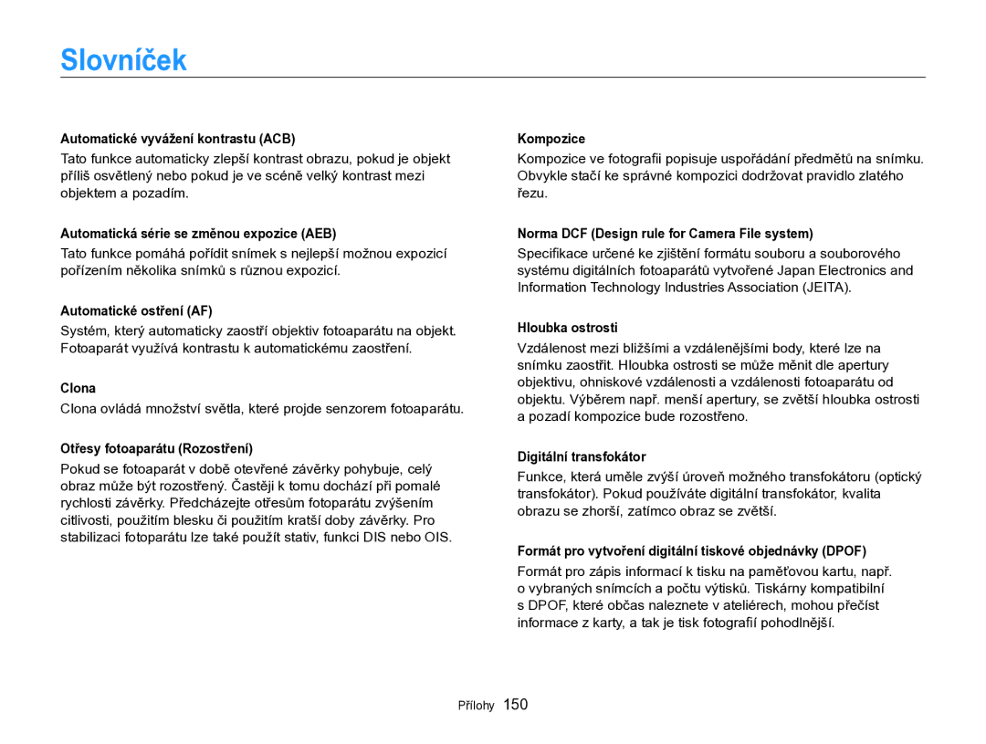 Samsung EC-SH100ZBPSE3, EC-SH100ZBPBE1, EC-SH100ZBPBE3, EC-SH100ZBPRE3 manual Slovníček 