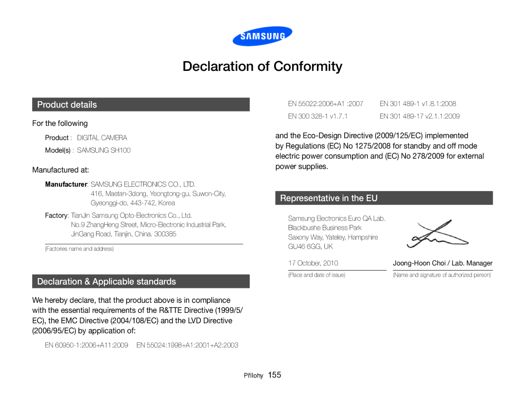 Samsung EC-SH100ZBPBE1, EC-SH100ZBPBE3, EC-SH100ZBPRE3, EC-SH100ZBPSE3 manual For the following, Manufactured at 