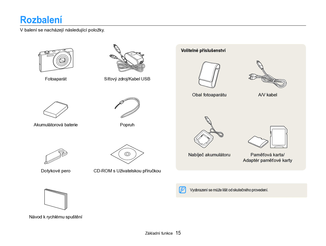 Samsung EC-SH100ZBPBE1, EC-SH100ZBPBE3, EC-SH100ZBPRE3, EC-SH100ZBPSE3 manual Rozbalení, Volitelné příslušenství 