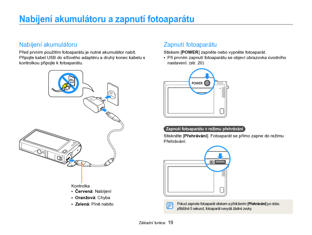 Samsung EC-SH100ZBPBE1, EC-SH100ZBPBE3 Nabíjení akumulátoru a zapnutí fotoaparátu, Zapnutí fotoaparátu, Oranžová Chyba 