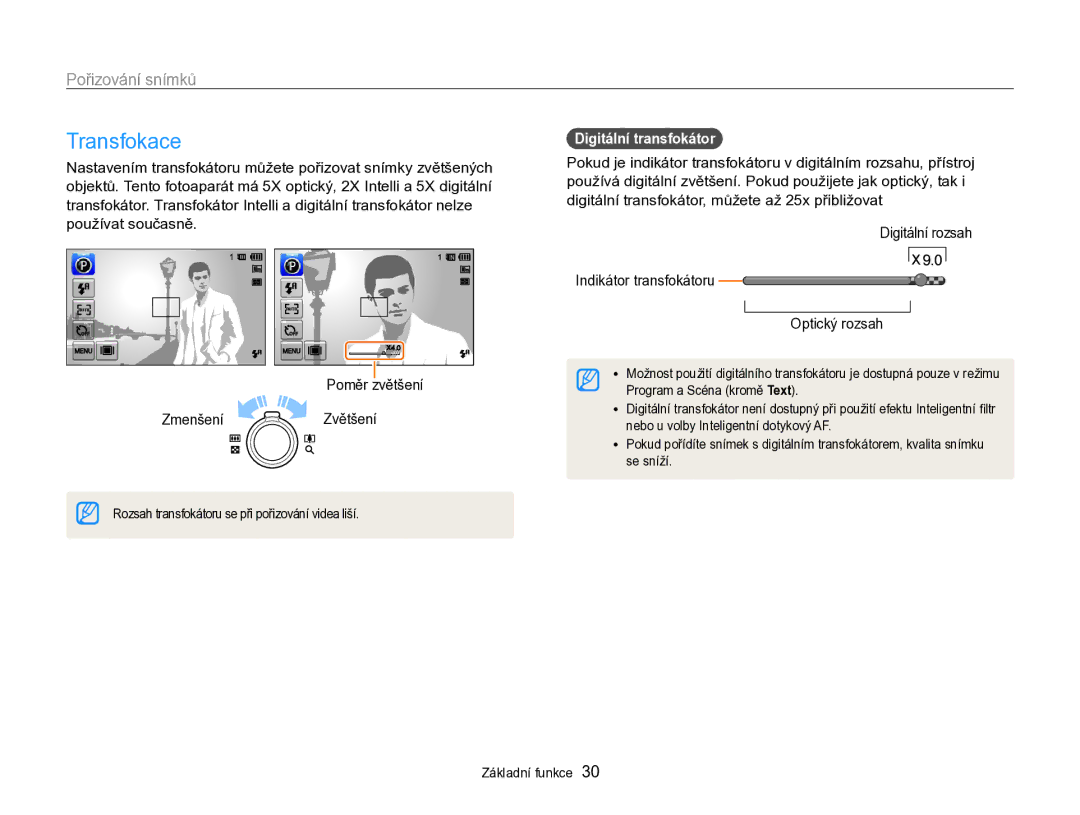 Samsung EC-SH100ZBPSE3, EC-SH100ZBPBE1, EC-SH100ZBPBE3 manual Transfokace, Pořizování snímků, Digitální transfokátor 