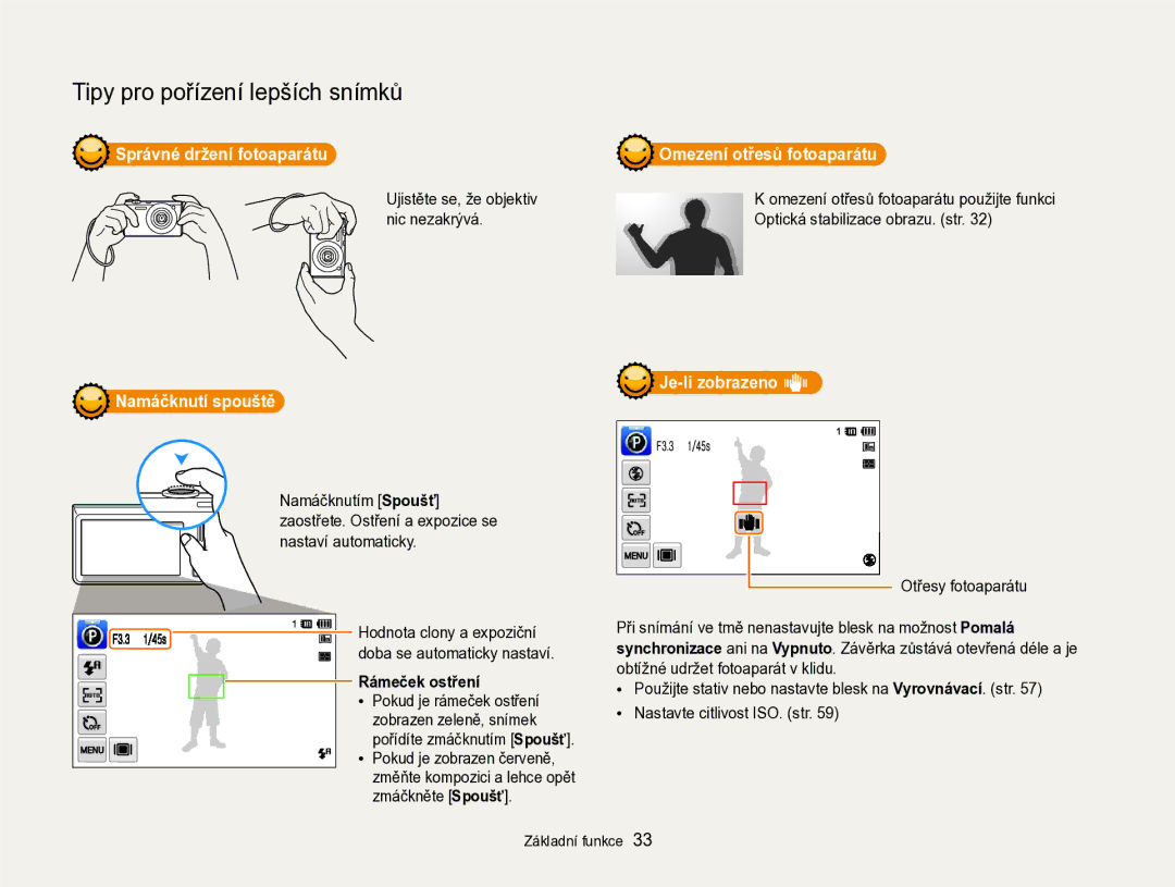 Samsung EC-SH100ZBPRE3 manual Správné držení fotoaparátu, Namáčknutí spouště, Rámeček ostření, Omezení otřesů fotoaparátu 