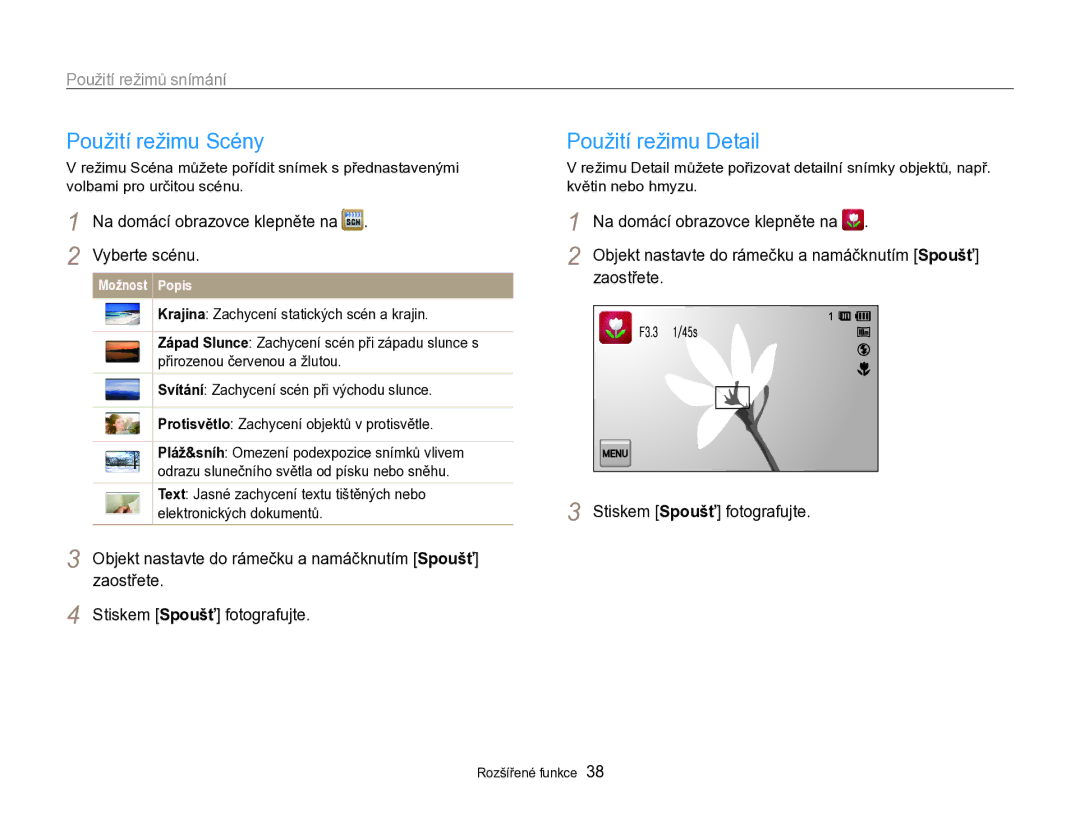 Samsung EC-SH100ZBPSE3, EC-SH100ZBPBE1 manual Použití režimu Scény, Použití režimu Detail, Vyberte scénu, Zaostřete 
