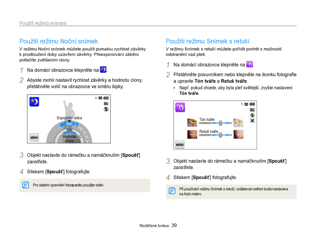 Samsung EC-SH100ZBPBE1 manual Použití režimu Noční snímek, Použití režimu Snímek s retuší, Upravte Tón tváře a Retuš tváře 