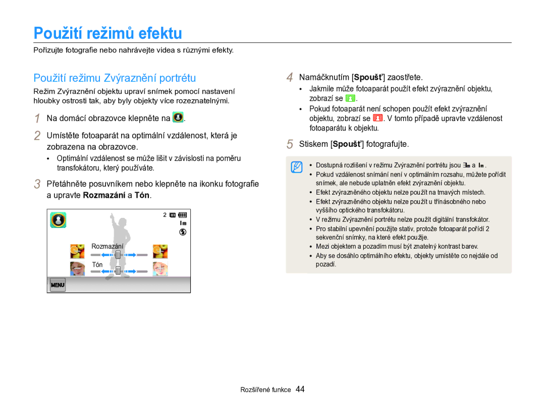 Samsung EC-SH100ZBPBE3, EC-SH100ZBPBE1 Použití režimů efektu, Použití režimu Zvýraznění portrétu, Upravte Rozmazání a Tón 