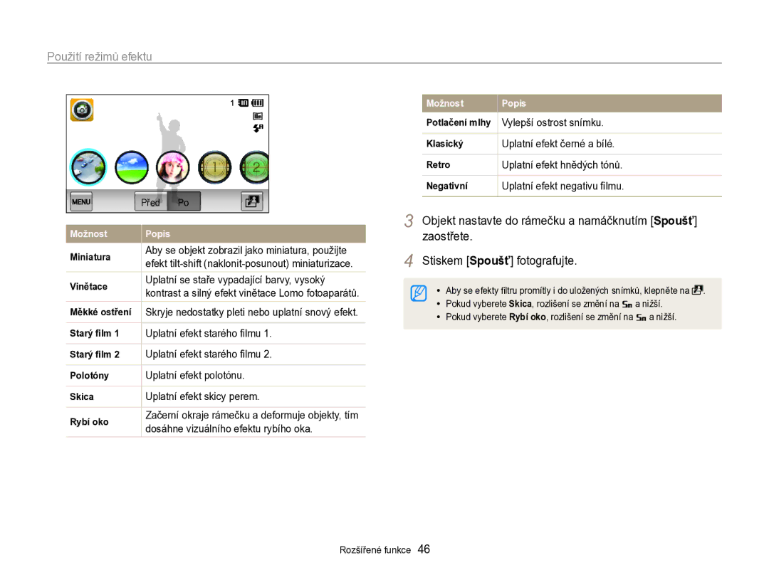 Samsung EC-SH100ZBPSE3, EC-SH100ZBPBE1 manual Vylepší ostrost snímku, Uplatní efekt černé a bílé, Uplatní efekt hnědých tónů 