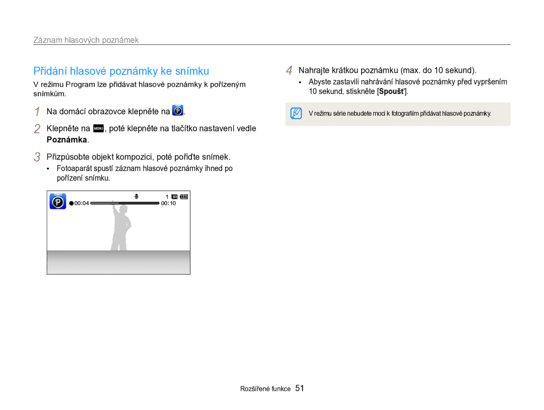 Samsung EC-SH100ZBPBE1, EC-SH100ZBPBE3 manual Přidání hlasové poznámky ke snímku, Záznam hlasových poznámek, Poznámka 