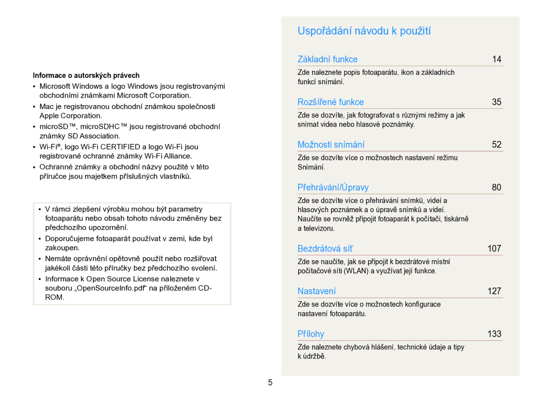 Samsung EC-SH100ZBPRE3, EC-SH100ZBPBE1, EC-SH100ZBPBE3 manual Uspořádání návodu k použití, Informace o autorských právech 