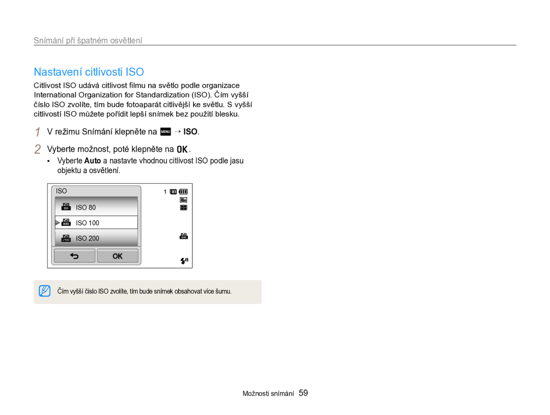 Samsung EC-SH100ZBPBE1, EC-SH100ZBPBE3, EC-SH100ZBPRE3, EC-SH100ZBPSE3 manual Nastavení citlivosti ISO 