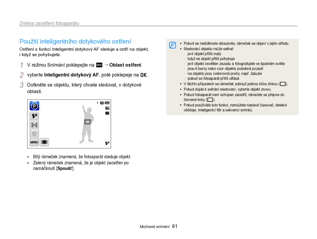 Samsung EC-SH100ZBPRE3, EC-SH100ZBPBE1 Použití inteligentního dotykového ostření, Změna zaostření fotoaparátu, Oblasti 