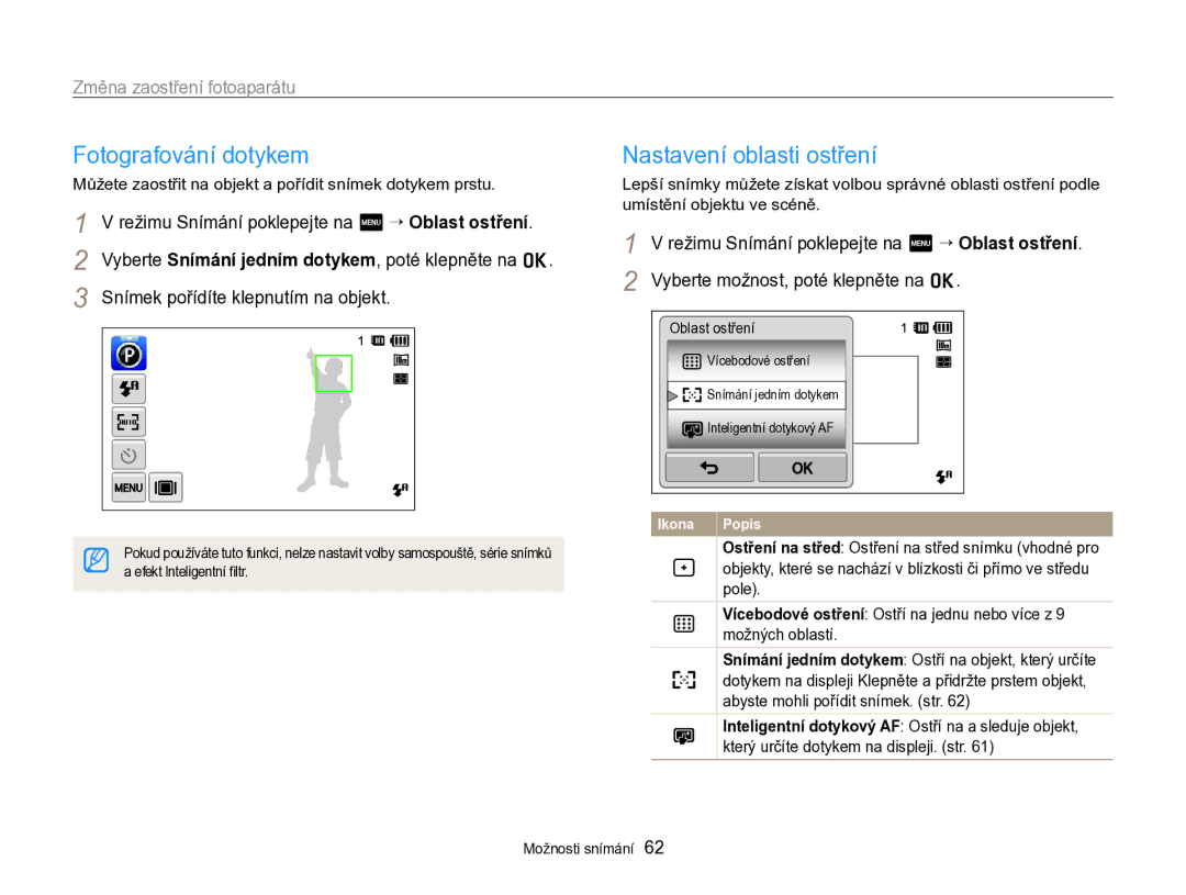 Samsung EC-SH100ZBPSE3, EC-SH100ZBPBE1, EC-SH100ZBPBE3, EC-SH100ZBPRE3 manual Fotografování dotykem, Nastavení oblasti ostření 