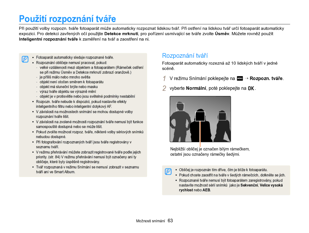 Samsung EC-SH100ZBPBE1, EC-SH100ZBPBE3, EC-SH100ZBPRE3 manual Použití rozpoznání tváře, Rozpoznání tváří, Rychlost nebo AEB 