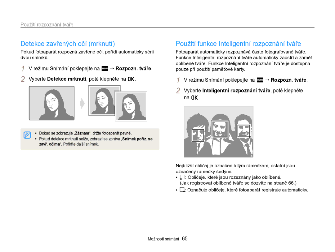 Samsung EC-SH100ZBPRE3, EC-SH100ZBPBE1 manual Detekce zavřených očí mrknutí, Použití funkce Inteligentní rozpoznání tváře 