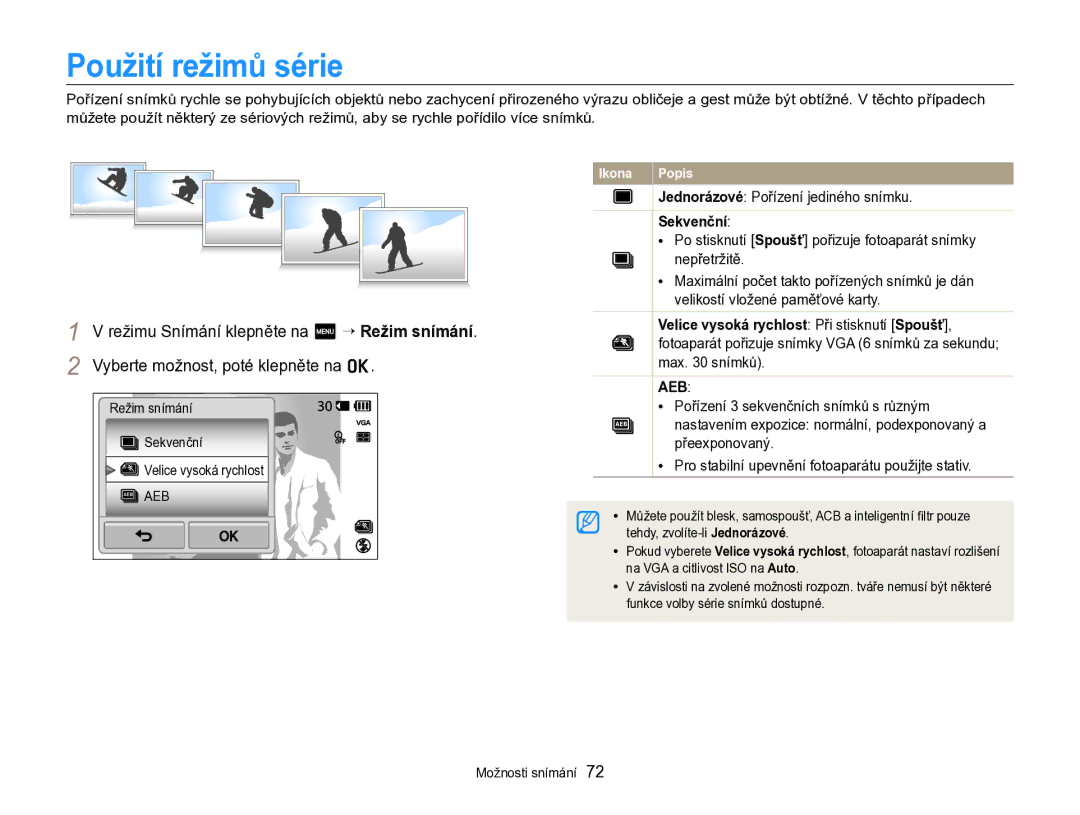 Samsung EC-SH100ZBPBE3, EC-SH100ZBPBE1 manual Použití režimů série, Jednorázové Pořízení jediného snímku, Sekvenční 